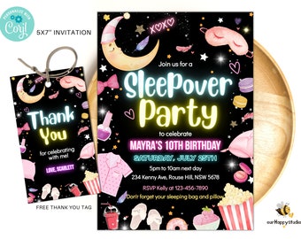 Editable Sleepover birthday invite Slumber party birthday invitation Pink girl Spa tween teen glow digital download template S03