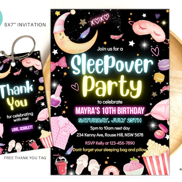 Editable Sleepover birthday invite Slumber party birthday invitation Pink girl Spa tween teen glow digital download template S03