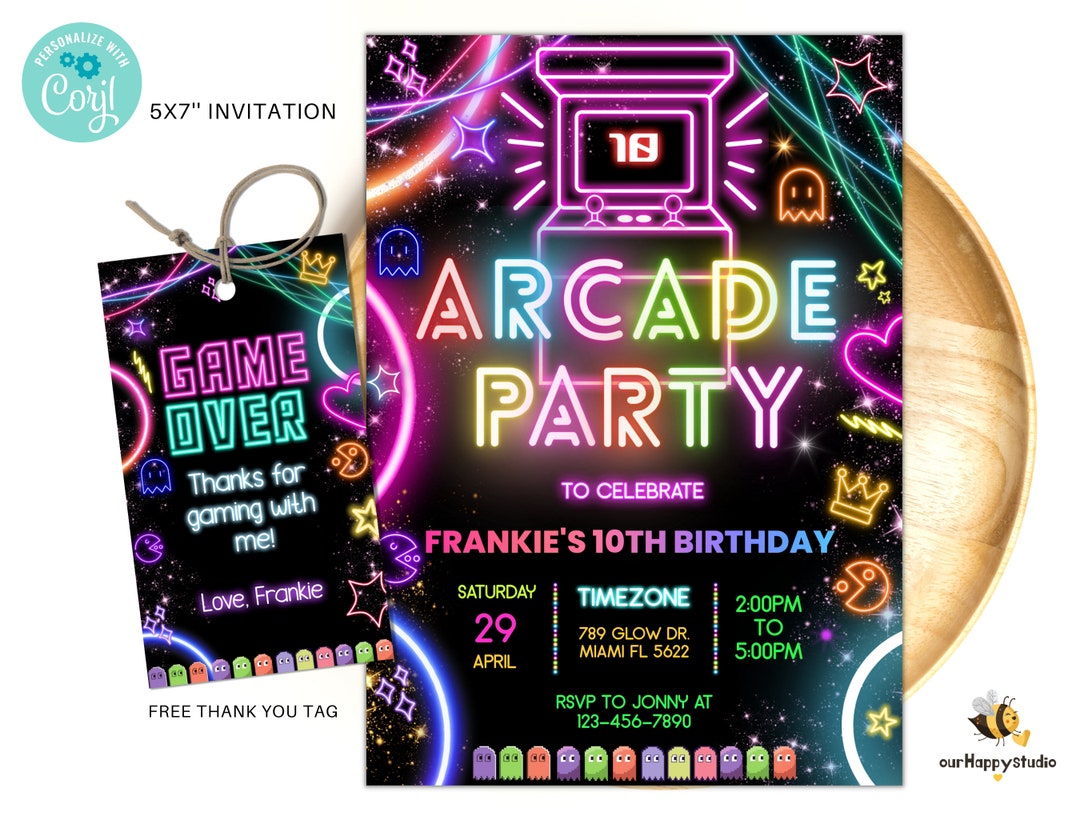 Editable Arcade Birthday Party Invitation Neon Girl Game Party Glow