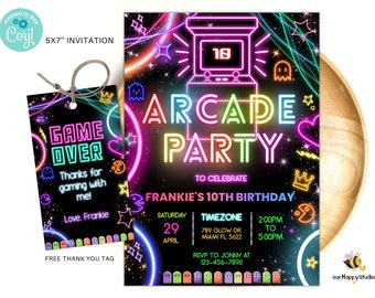 Editable Arcade birthday party invitation Neon girl game party glow gaming arcade birthday party neon glow party instant download AB01