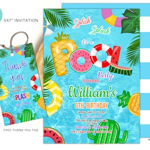 Editable Pool Party Birthday Invitation Tropical Splish Splash Pool Party Invite Summer Swimming Pool Splash Party Instant Download P04