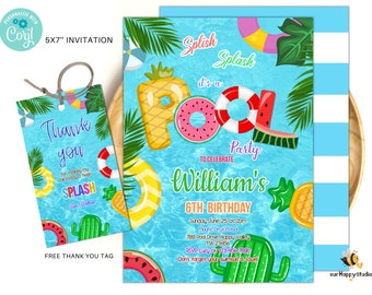 Tropische Pool-Party-Geburtstags-Einladung, Splish Splash Invite (Digitaler Download) P04