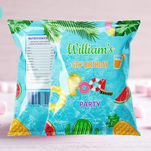Bearbeitbare Chips Tasche Wrapper Tropische Party Gender Neutral Sommer Schwimmparty Chip Tasche Wrapper, Schwimmparty Dekor Sofort download P04