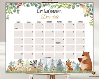 Redigerbar förlossningskalender för bebisar i skogen, babyshower-spel, gissa bebisens födelsedag, babyförutsägelse, förlossningsspel WL01