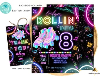 Editable Roller Skating Invitation Glow Party Birthday Invitation, Glow Gender Neutral Invites, Glow Roller Skating Party, Neon Party R03