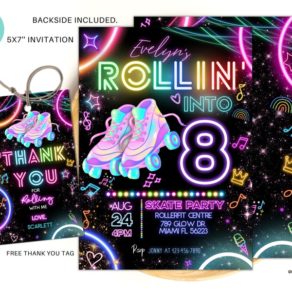 Editable Roller Skating Invitation Glow Party Birthday Invitation, Glow Gender Neutral Invites, Glow Roller Skating Party, Neon Party R03