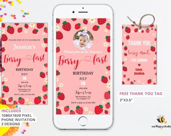 Editable Berry First Birthday Evite with photo template, Strawberry 1st Birthday Invitation, Berry party, fruit girl birthday invitation,