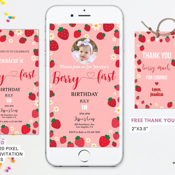 Editable Berry First Birthday Evite with photo template, Strawberry 1st Birthday Invitation, Berry party, fruit girl birthday invitation,
