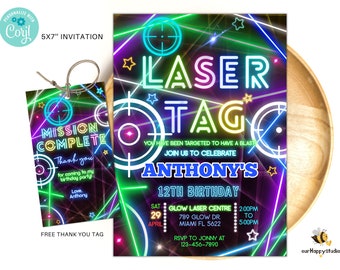 Invitation de fête d'étiquette laser modifiable fête d'anniversaire néon inviter lueur laser tag anniversaire enfants garçon laser fête téléchargement instantané LT02