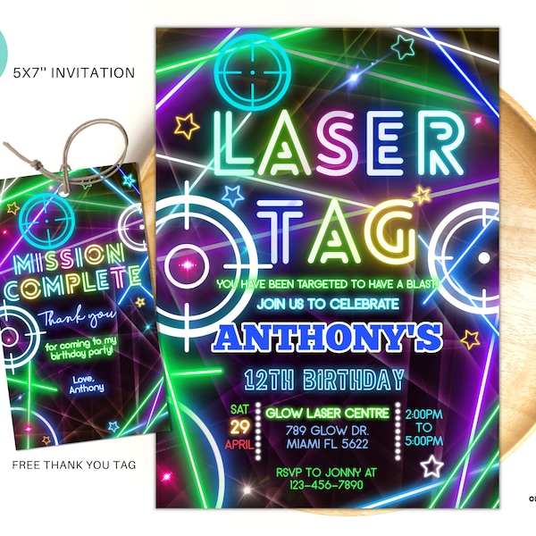 Editable Laser Tag Party Invitation Neon Birthday Party Invite glow laser tag birthday kids boy laser party instant download LT02