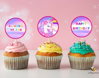 Einhorn Regenbogen Kreis Quadrat Cupcake Topper, Regenbogen Gunst Tag, Einhorn Geburtstag Party Topper Instant Download