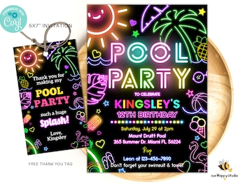 Editable pool party invitation, Glow water park invite, Tropical neon birthday pool party invitation swimming party instant download PG01