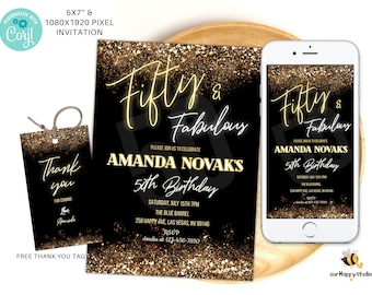 May include: A 5x7 inch invitation with a black background and gold glitter. The text reads "Fifty & Fabulous" with a neon glow. The invitation is for Amanda Novak's 50th birthday party. The invitation includes the date, time, location, and RSVP information.