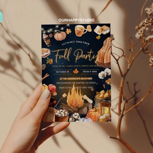 May include: A rectangular invitation card with a dark blue background featuring illustrations of a campfire, pumpkins, s'mores, and autumn leaves. The text reads: Let's Get Together Fall Party, October 25, 5-8PM, At The Anderson's Backyard, 235 Faywood St, Shafter, CA 93263, RSVP to Kelly 123-456-7890.