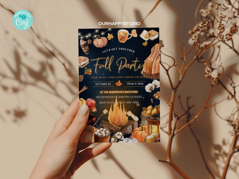 May include: A rectangular invitation card with a dark blue background featuring illustrations of a campfire, pumpkins, s'mores, and autumn leaves. The text reads: Let's Get Together Fall Party, October 25, 5-8PM, At The Anderson's Backyard, 235 Faywood St, Shafter, CA 93263, RSVP to Kelly 123-456-7890.