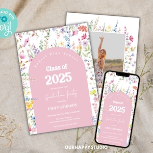 Editable Graduation template, Minimalist Graduation Announcement, Wildflower Graduation Party Invitation, Boho Graduation Announcement G2