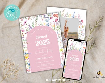 Editable Graduation template, Minimalist Graduation Announcement, Wildflower Graduation Party Invitation, Boho Graduation Announcement G2