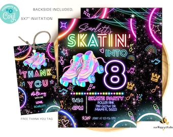 Editable Roller Skating Invitation Glow Party Birthday Invitation, Glow Gender Neutral Invites, Glow Roller Skating Party, Neon Party R02