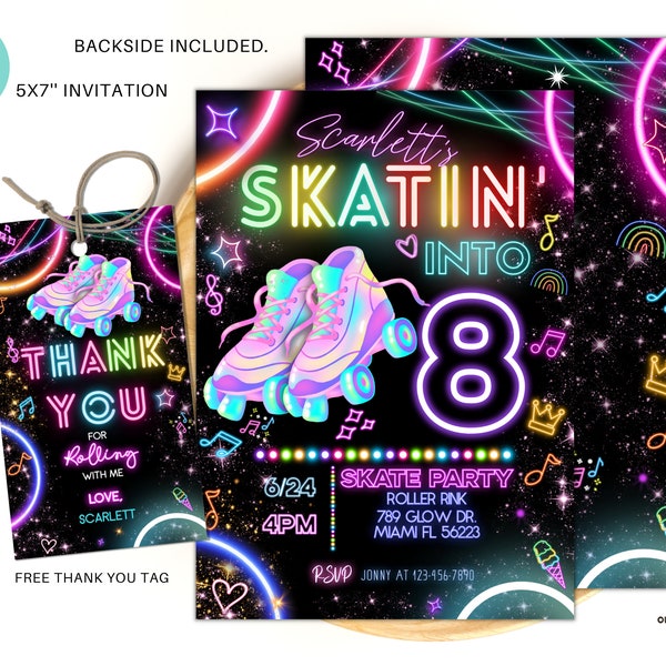 Editable Roller Skating Invitation Glow Party Birthday Invitation, Glow Gender Neutral Invites, Glow Roller Skating Party, Neon Party R02