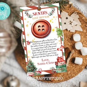 Etiqueta editable para el botón perdido de Papá Noel, caja de Nochebuena, tradición navideña, botón perdido de Papá Noel, descarga instantánea
