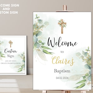Editable Baptism Welcome Sign template, First communion, Baptism custom sign, Greenery baptism banner, baptism poster instant downlaod