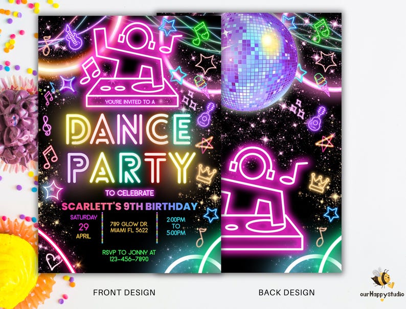 May include: Neon pink, blue, green, and yellow text on a black background reads "You're invited to a Dance Party to celebrate Scarlett's 9th Birthday."  The date is Saturday, April 29th, the time is 2:00 PM to 5:00 PM, and the address is 789 Glow Dr., Miami FL 5622.  RSVP to Jonny at 123-456-7890.  The back of the invitation features a neon pink DJ with headphones and a turntable on a black background with a disco ball and stars.