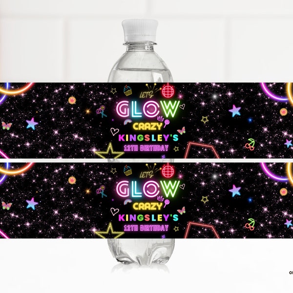 Étiquette de bouteille d'eau modifiable Let's glow crazy, autocollant de bouteille d'eau d'anniversaire, téléchargement immédiat d'étiquette de bouteille d'eau de soirée dansante