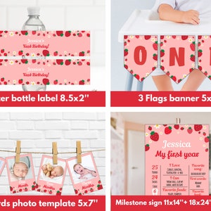 May include: A set of printable party decorations for a first birthday party with a strawberry theme. The set includes a water bottle label, a banner with three flags, a milestone sign, and 12 photo cards. The decorations are pink and red with strawberries and white flowers.