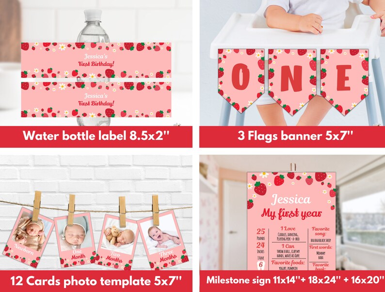 May include: A set of printable party decorations for a first birthday party with a strawberry theme. The set includes a water bottle label, a banner with three flags, a milestone sign, and 12 photo cards. The decorations are pink and red with strawberries and white flowers.