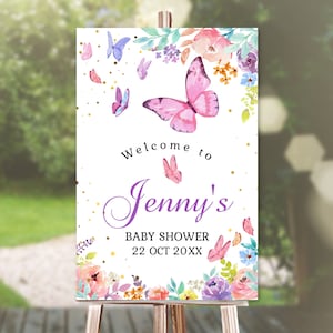Butterfly Baby shower Welcome Sign Printable Pink girl purple Party Welcome Poster Décor Editable Download 02  03A
