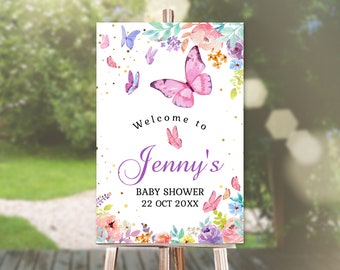 Letrero de bienvenida para baby shower con forma de mariposa, imprimible, color rosa, morado, para niña, para fiesta, decoración, editable, descarga 02 03A