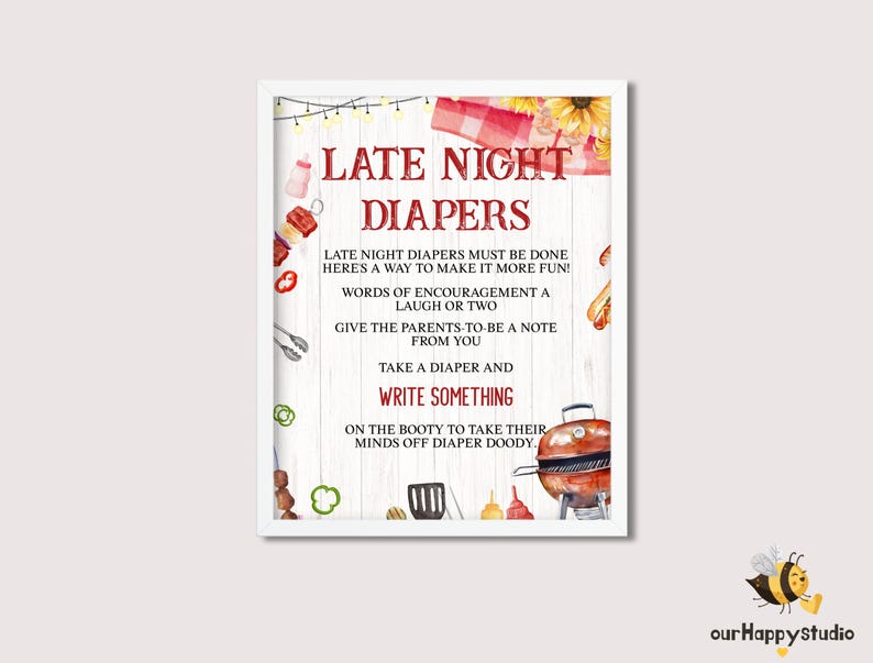 Op de afbeelding: Een printbaar bord met een aquarel achtergrond met een grill, hotdogs en spiesjes. Het bord zegt "Late Night Diapers" en bevat instructies voor gasten om bemoedigende berichten voor de aanstaande ouders te schrijven.