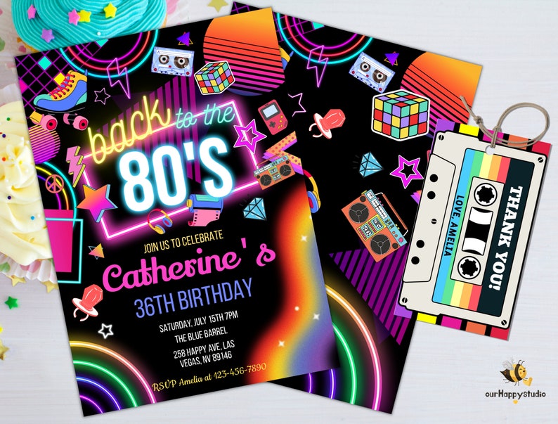 Editable 80s Birthday Party Invitation back to the 80s Neon party glow dance disco 2000s birthday 90s instant download BT03 image 5