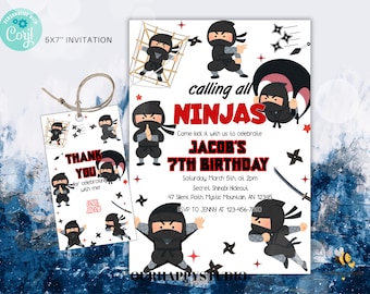 May include: A white invitation with red and black ninja illustrations. The invitation reads "Calling all ninjas" and "Come kick it with us to celebrate Jacob's 7th Birthday". The invitation includes the date, time, and location of the party.
