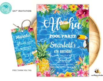 Editable Aloha pool party invitation, Hawaiian birthday invite, Tropical birthday pool party instant download P04