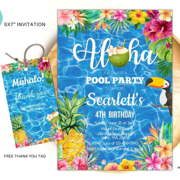 Editable Aloha pool party invitation, Hawaiian birthday invite, Tropical birthday pool party instant download P04