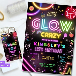Invitación editable para fiesta de cumpleaños con efecto luminoso, invitaciones con efecto luminoso de género neutro, plantilla para fiesta con efecto luminoso, invitaciones para fiesta de neón, plantilla editable para fiesta con efecto luminoso