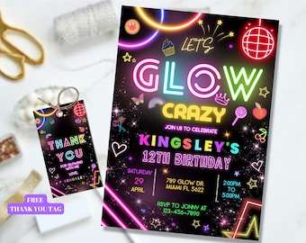 Bewerkbare Glow Party verjaardagsuitnodiging, Glow genderneutrale uitnodigingen, Glow Party sjabloon, Neon Party nodigt bewerkbare Glow Party sjabloon