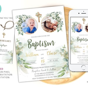 Editable Baptism twins Invitation, Christening twins Invite with photo template, Printable baptism photo evite, Baptism invitation BA03