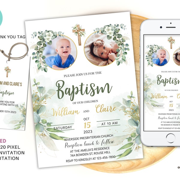 Editable Baptism twins Invitation, Christening twins Invite with photo template, Printable baptism photo evite, Baptism invitation BA03