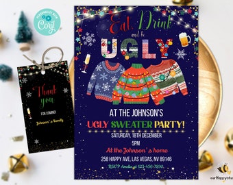 Può includere: Un invito a una festa di Natale blu e bianco con un design festoso che presenta tre maglioni brutti. L'invito recita "Eat, Drink and be Ugly" e include il testo "Ugly Sweater Party!" con la data e l'ora della festa. L'invito include anche l'indirizzo e le informazioni di RSVP.