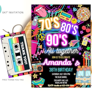 Modificabile anni '70, '80 e '90 Tutti insieme Invito alla festa di compleanno Ritorno agli anni '80 Festa al neon bagliore danza discoteca Anni '90 compleanno Anni '80 download immediato 01