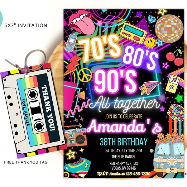 Editable 70s 80S 90s All together Birthday Party Invitation back to the 80s Neon party glow dance disco 90s birthday 80s instant download 01