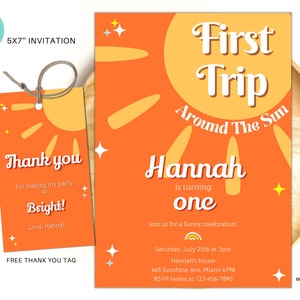 Editable Sunshine 1st birthday Invitation, First trip around the sun Birthday Invitation, Sun birthday Invite, Sun Gender Neutral Invite, S3