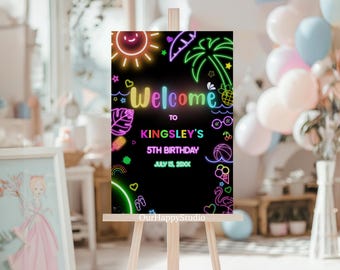 Editable Pool party Welcome Sign, Water park party custom sign, Summer party Welcome banner, Neon pool party banner, Summer welcome sign