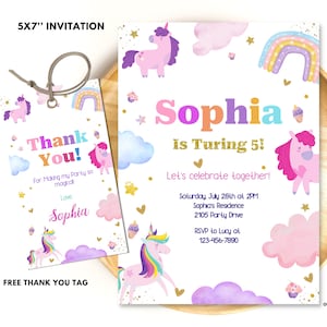 Bewerkbare Unicorn verjaardagsuitnodiging magische partij uitnodigen meisje roze pastel digitale Unicorn partij sjabloon Rainbow Party Instant Download