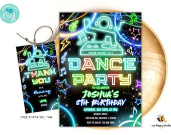 Boy DJ Dance Party Birthday Invitation, Neon Glow Disco Theme (Digital Download) DDP4
