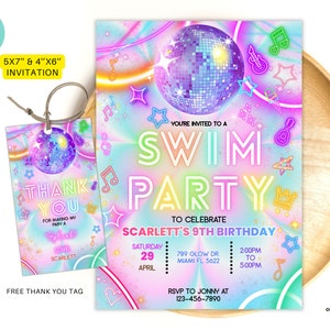 Editable Swim party invitation, Glow neon disco invite, Tropical tie dye birthday pool party invitation swimming party instant download