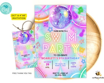 Editable Swim party invitation, Glow neon disco invite, Tropical tie dye birthday pool party invitation swimming party instant download