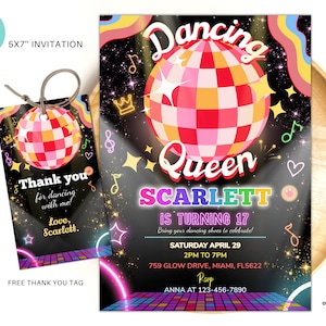 Editable Disco Party Birthday Invitation, Dancing Queen Neutral Invites, Dance Party Template, Neon Party Invites Editable Glow Party 01
